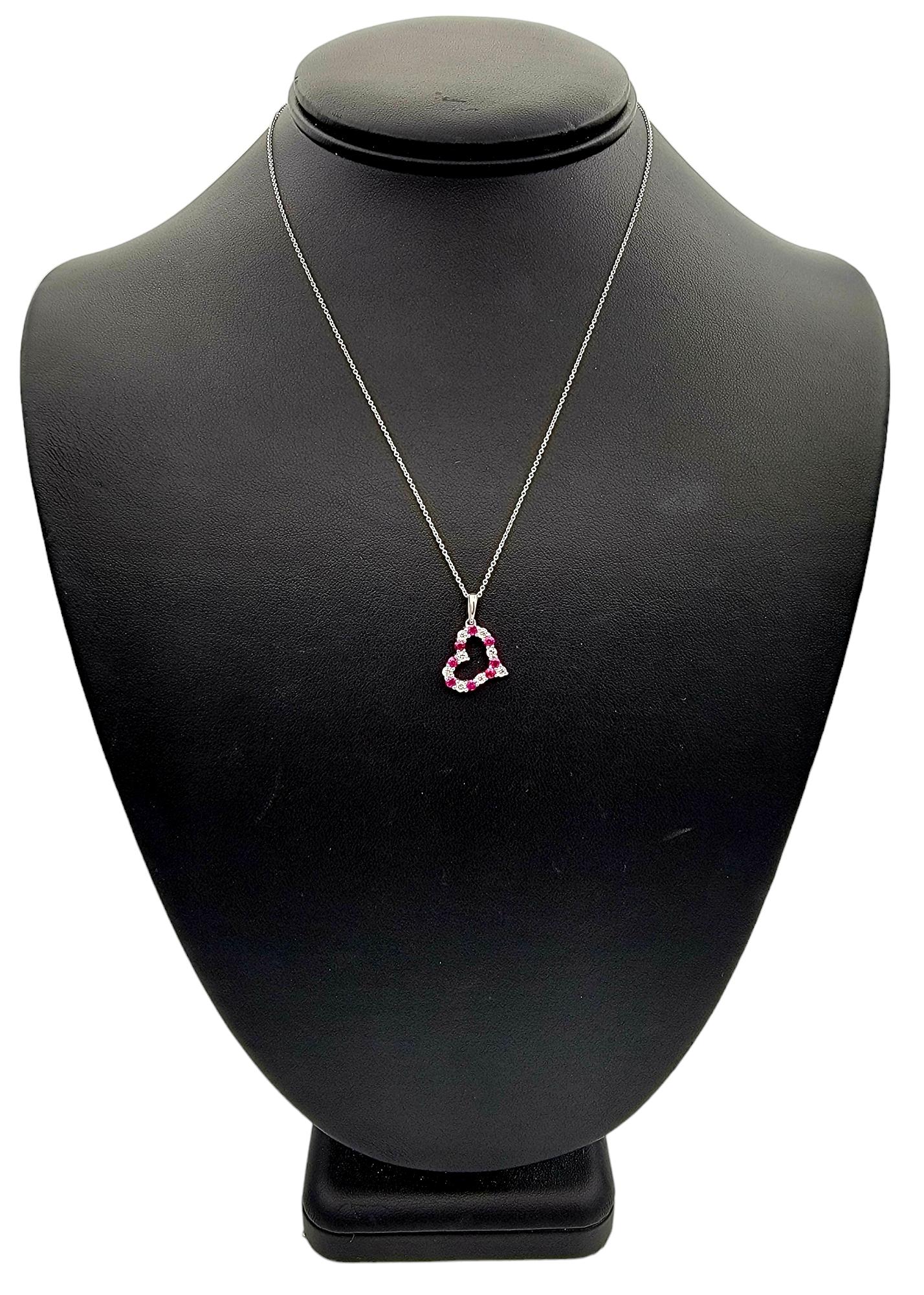 Round Diamond and Ruby Open Heart Pendant Necklace Set in 14 Karat White Gold For Sale 2