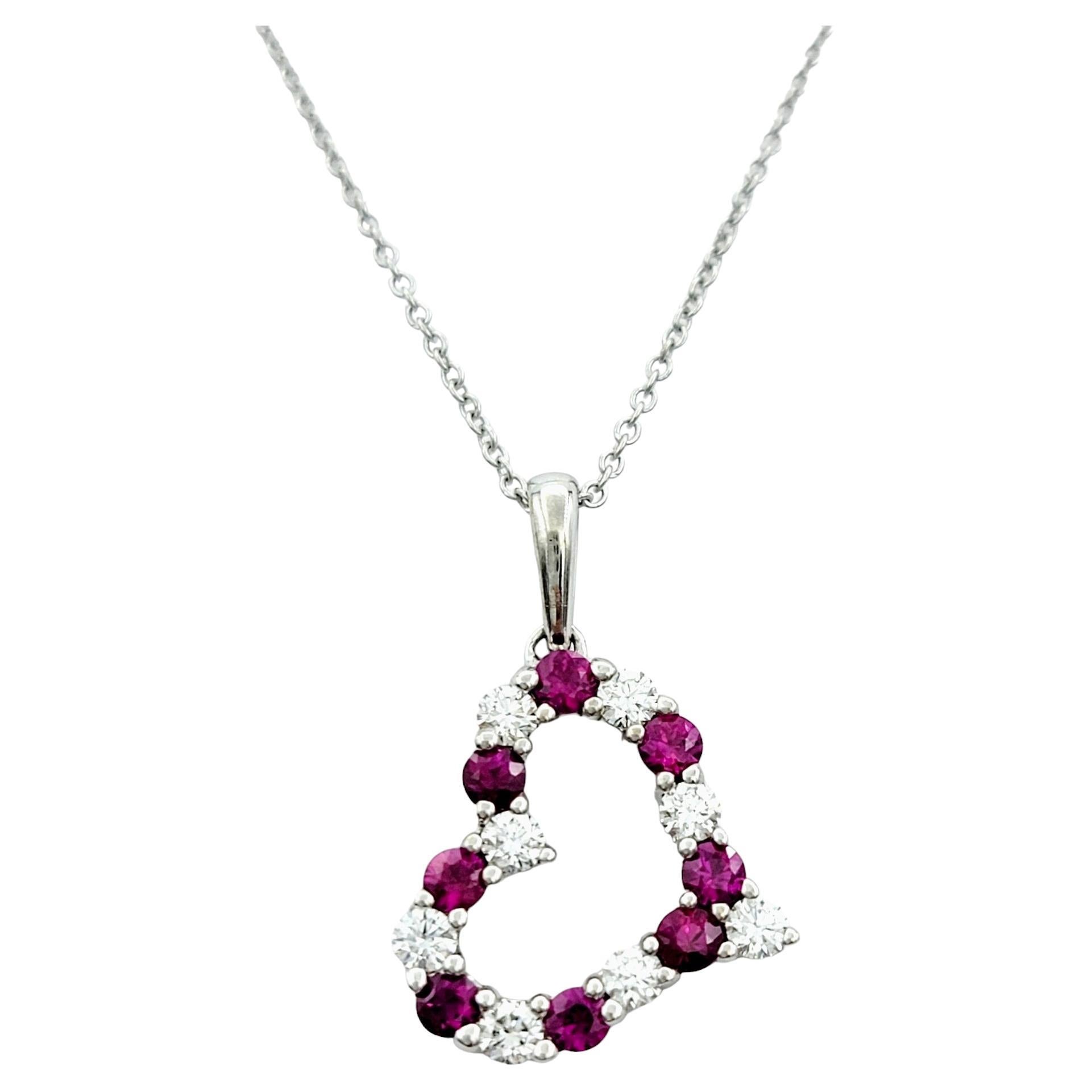 Round Diamond and Ruby Open Heart Pendant Necklace Set in 14 Karat White Gold For Sale