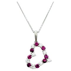 Round Diamond and Ruby Open Heart Pendant Necklace Set in 14 Karat White Gold