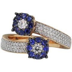 Round Diamond and Sapphire Double Flower Pave Bypass Ring