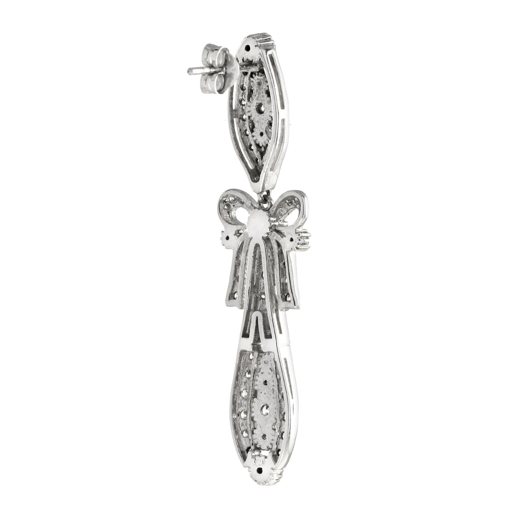 Round Cut Round Diamond Art Deco Style Ribbon Bow Drop 18K White Gold Dangle Earrings For Sale