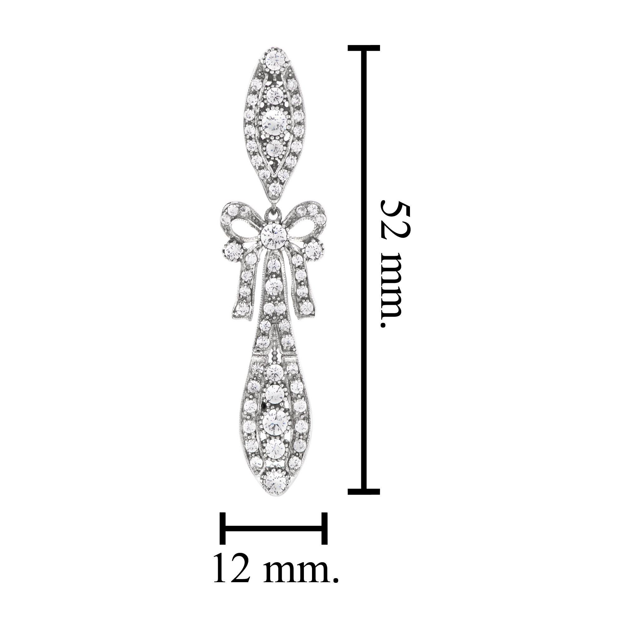 Round Diamond Art Deco Style Ribbon Bow Drop 18K White Gold Dangle Earrings In New Condition For Sale In Oakton, VA
