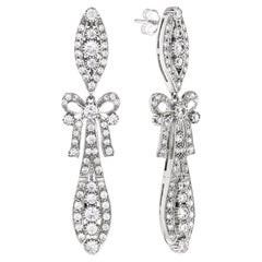 Round Diamond Art Deco Style Ribbon Bow Drop 18K White Gold Dangle Earrings
