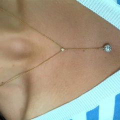 Round diamond ball drop long pendant necklace 18k yellow gold