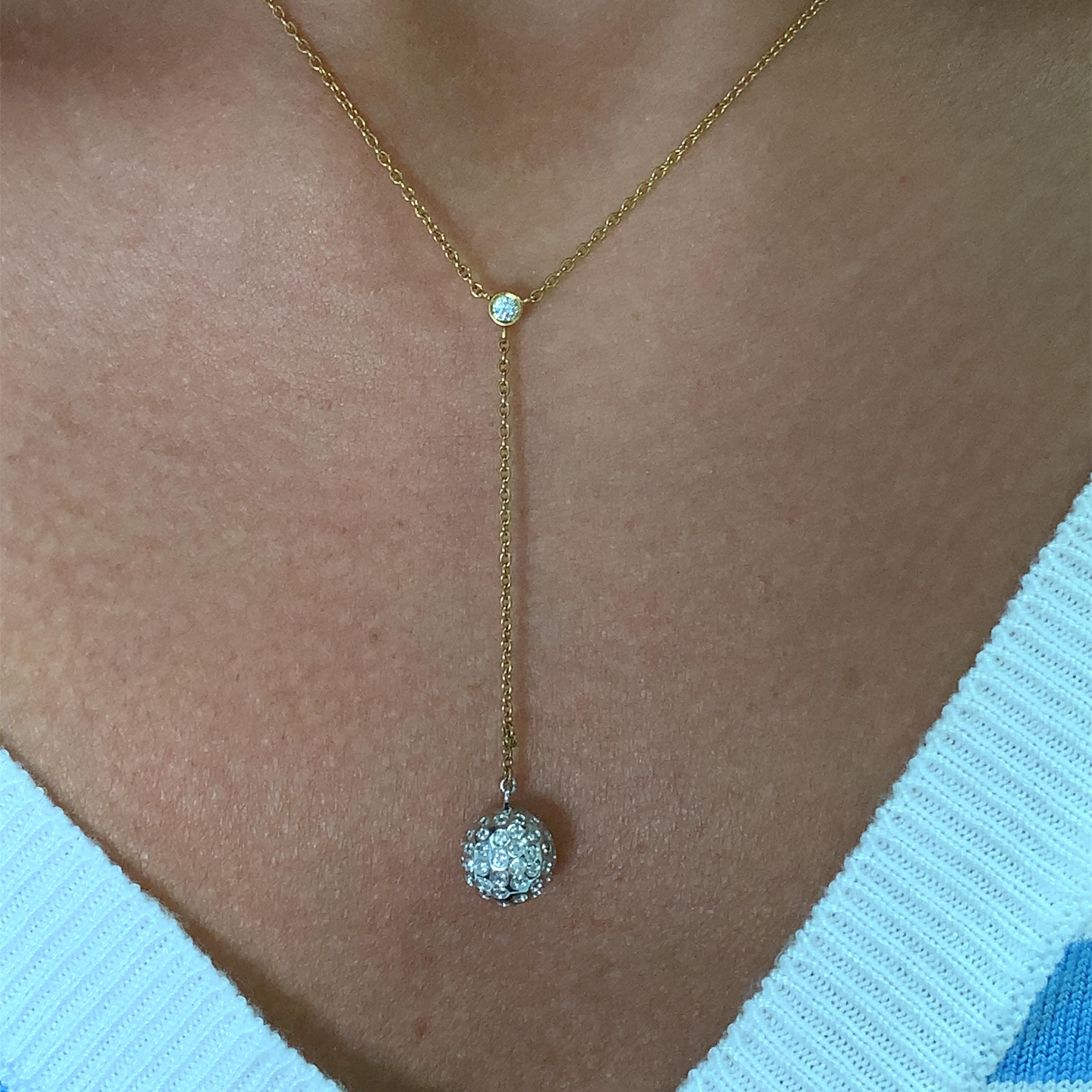 Art Deco Round diamond ball drop long pendant necklace 18k yellow gold For Sale