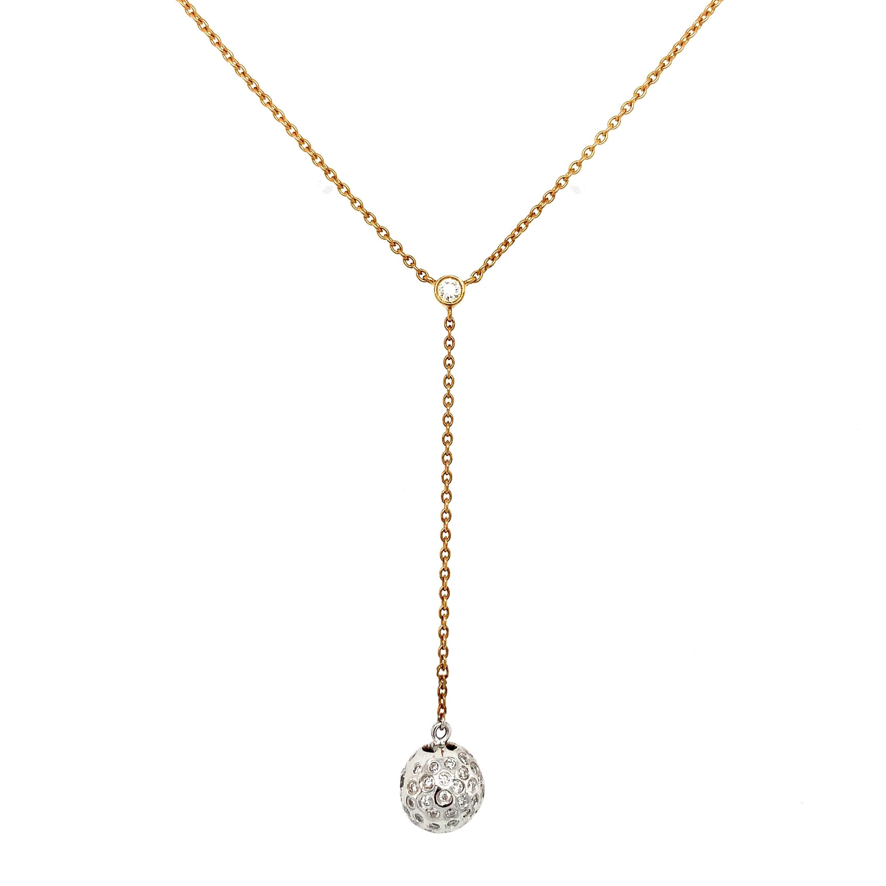 Round Cut Round diamond ball drop long pendant necklace 18k yellow gold For Sale