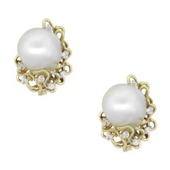 Round Diamond Baroque Pearl Earrings