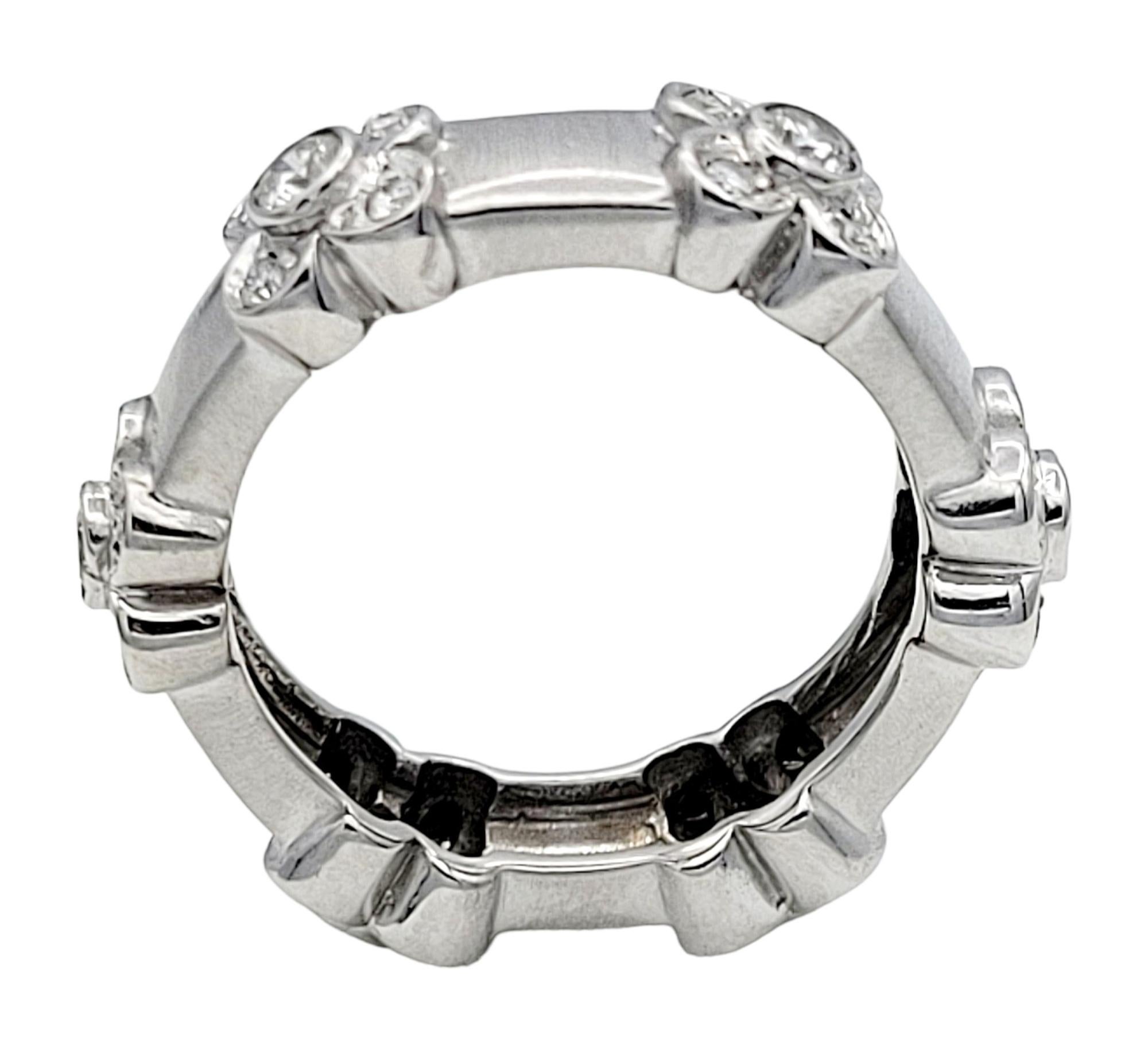 Round Cut Round Diamond Bezel Flower Station Band Ring in 14 Karat White Gold For Sale