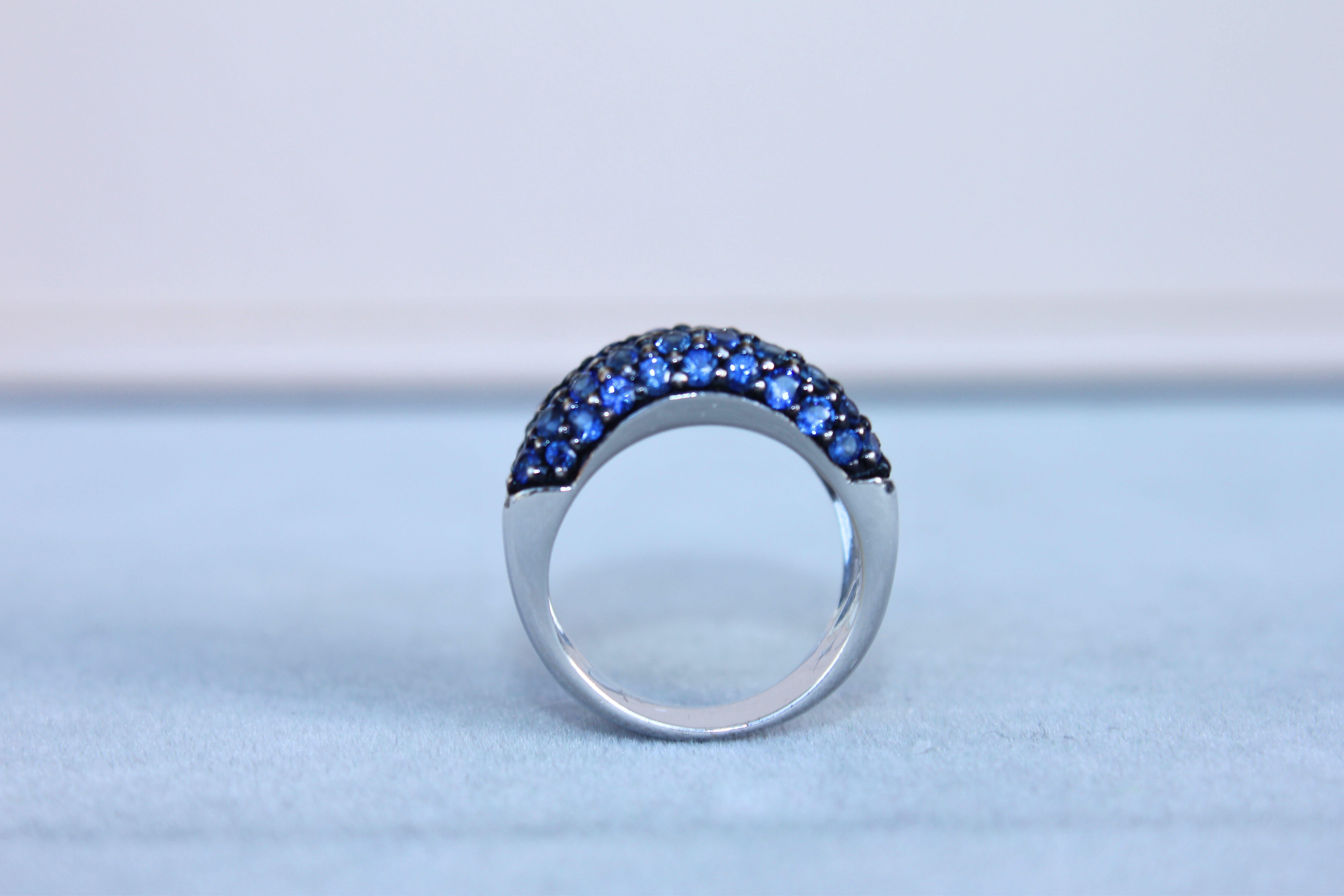 Women's or Men's Round Diamond Bezel Set Blue Sapphire Pave Set 18 Karat White Gold Unique Ring For Sale