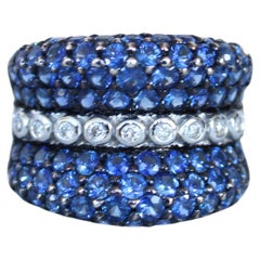 Round Diamond Bezel Set Blue Sapphire Pave Set 18 Karat White Gold Unique Ring