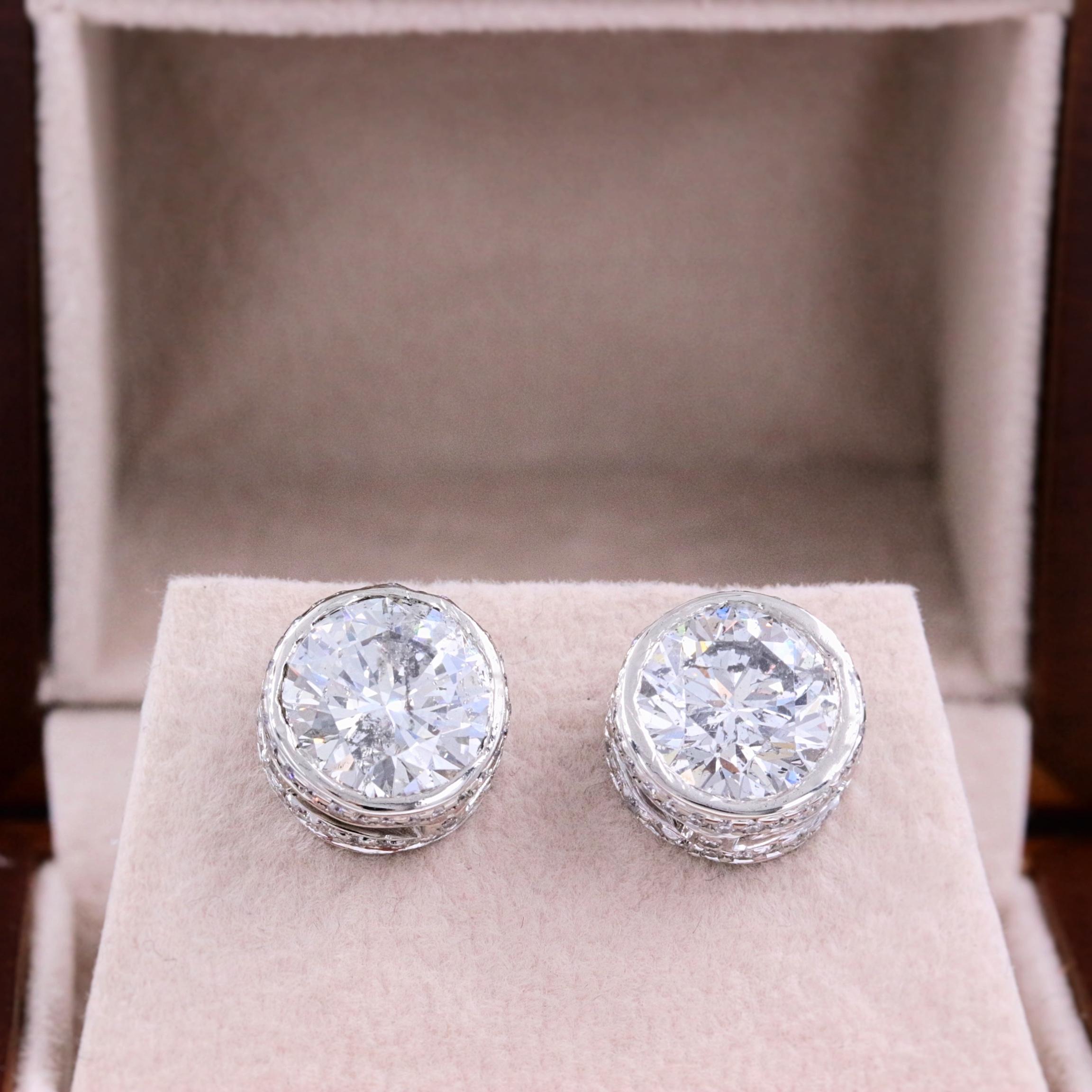 Round Diamond Bezel Set Earrings 5.87 Carat in 14 Karat White Gold In Excellent Condition In San Diego, CA