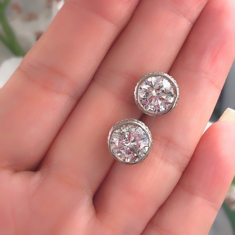 Round Diamond Bezel Set Earrings 5.87 Carat in 14 Karat White Gold at