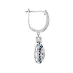Round Diamond & Blue Sapphire Art Deco Style Drop 14K White Gold Earrings