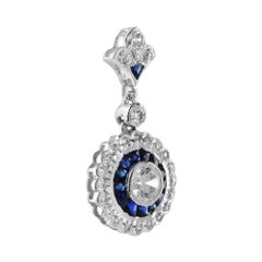 Round Diamond & Blue Sapphire Long Wavy Trim Art Deco Style White Gold Pendant