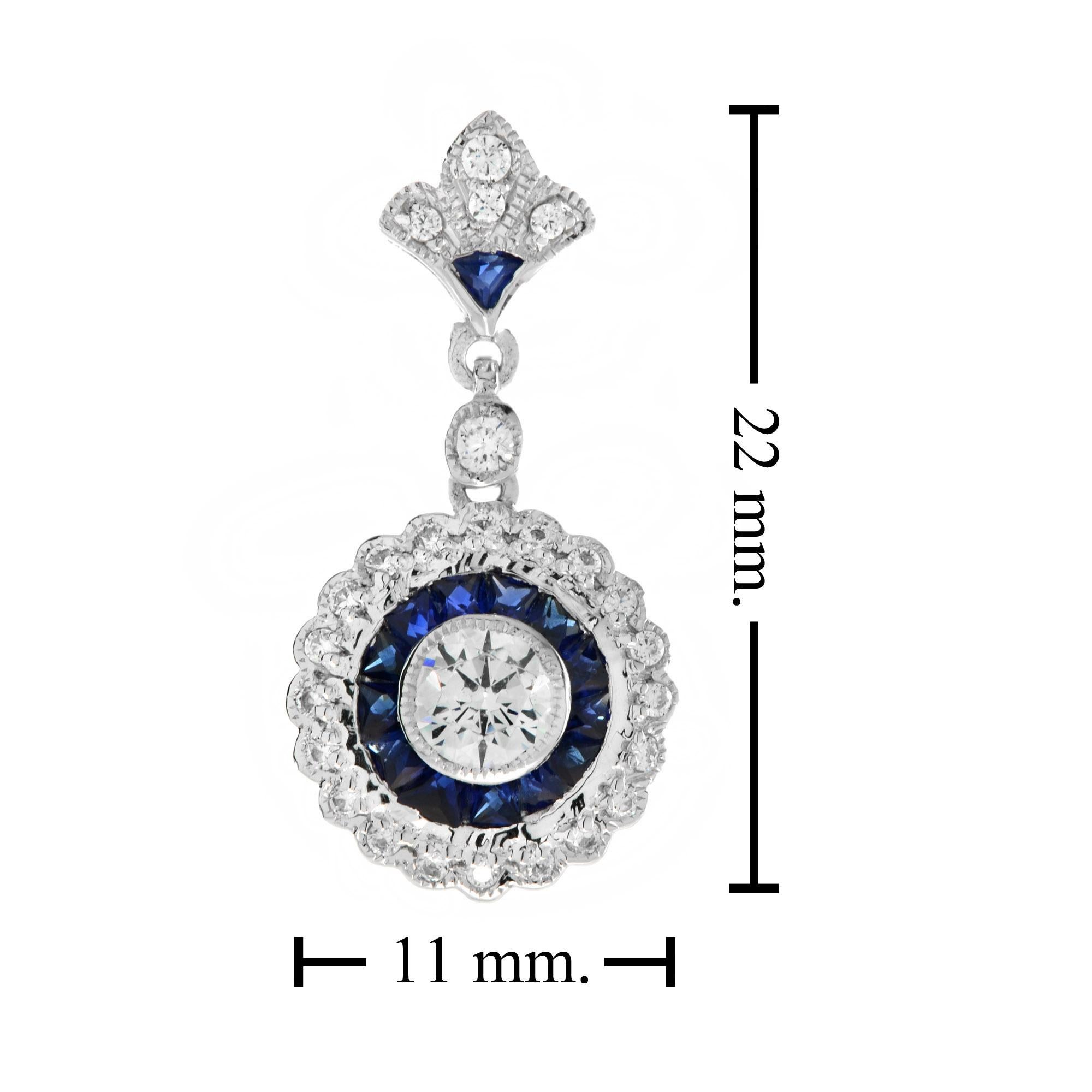 Round Cut Round Diamond & Blue Sapphire Long Wavy Trim Art Deco Style White Gold Pendant For Sale