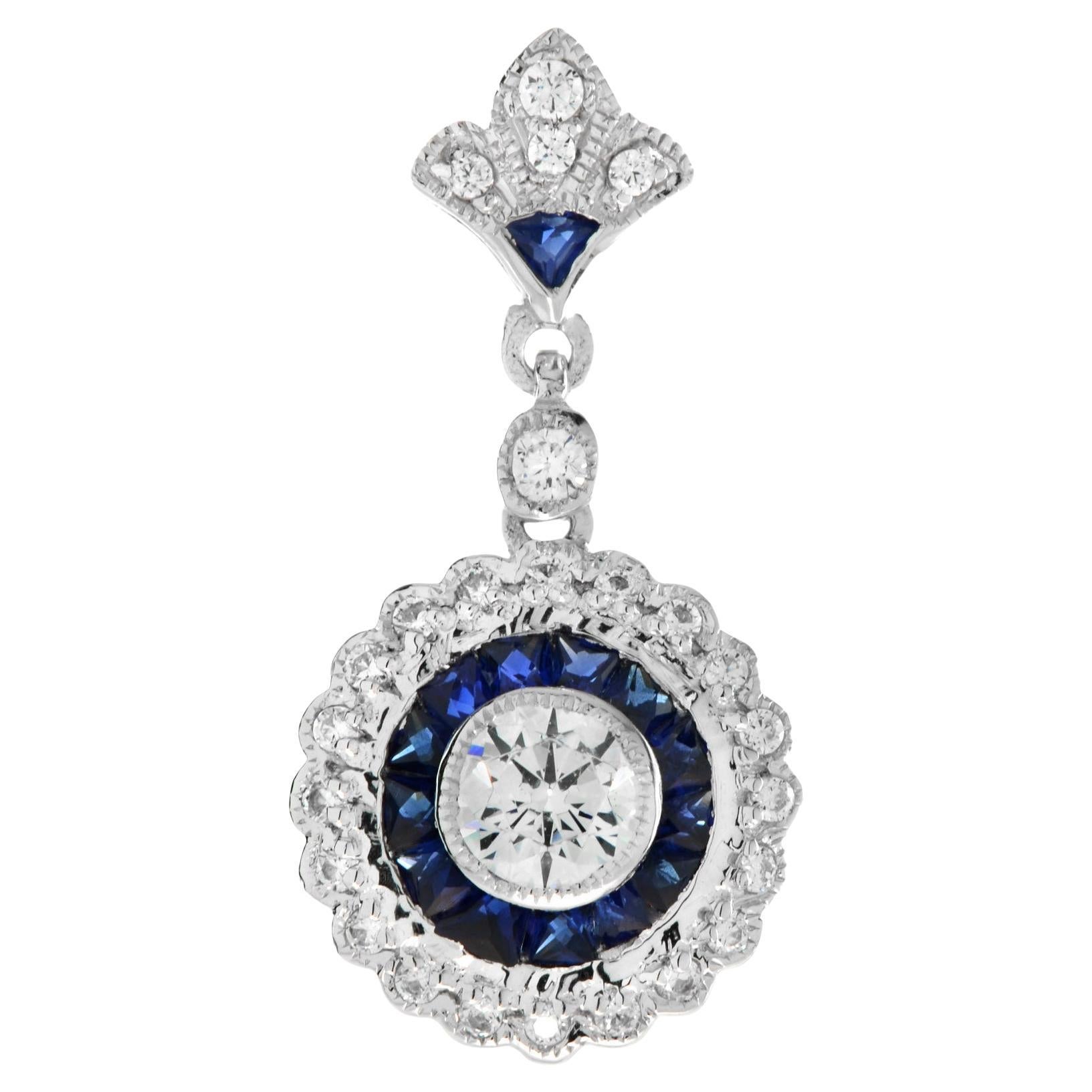 Round Diamond & Blue Sapphire Long Wavy Trim Art Deco Style White Gold Pendant For Sale