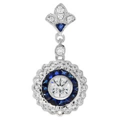 Round Diamond & Blue Sapphire Long Wavy Trim Art Deco Style White Gold Pendant