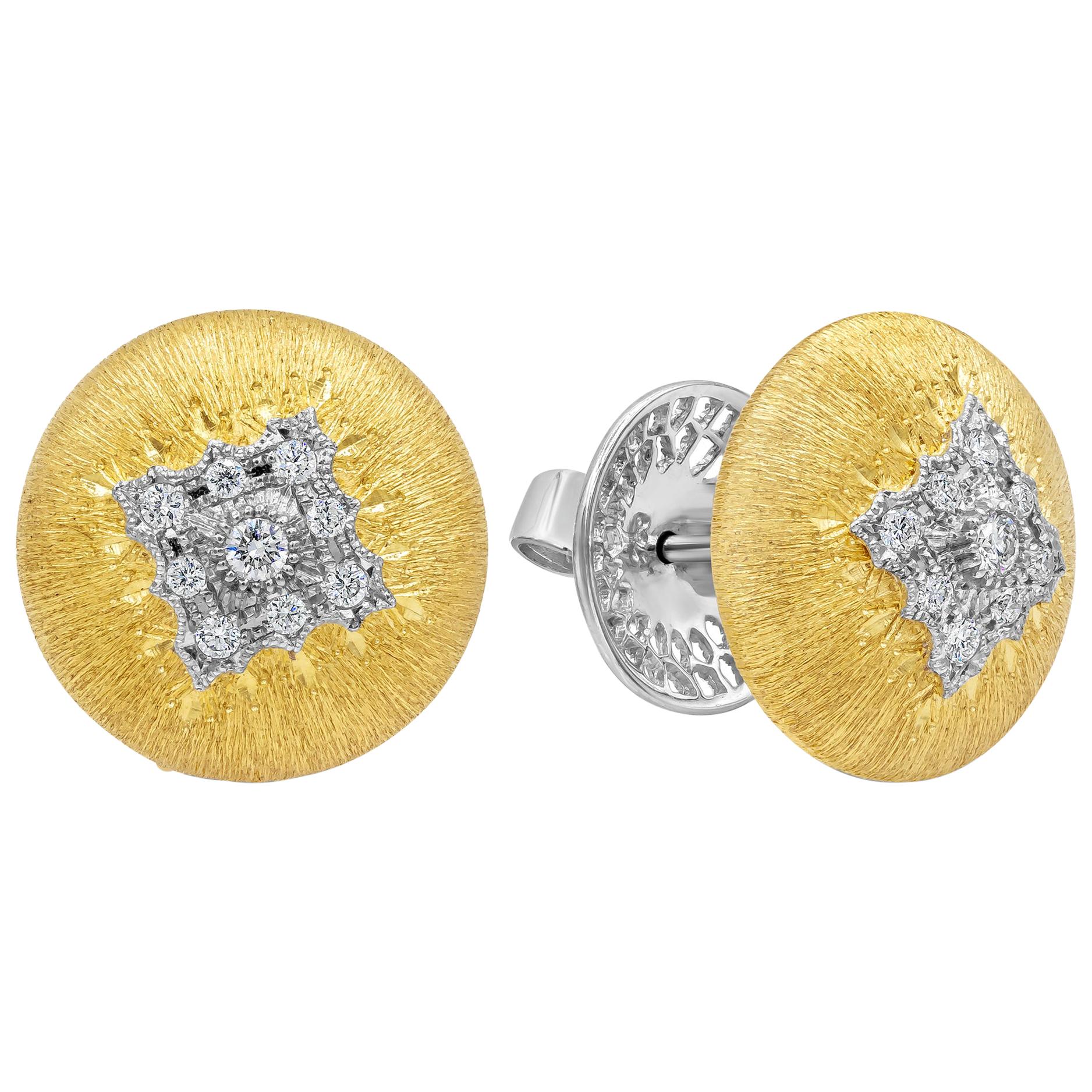Roman Malakov, Round Diamond Brushed Yellow Gold Button Stud Earrings
