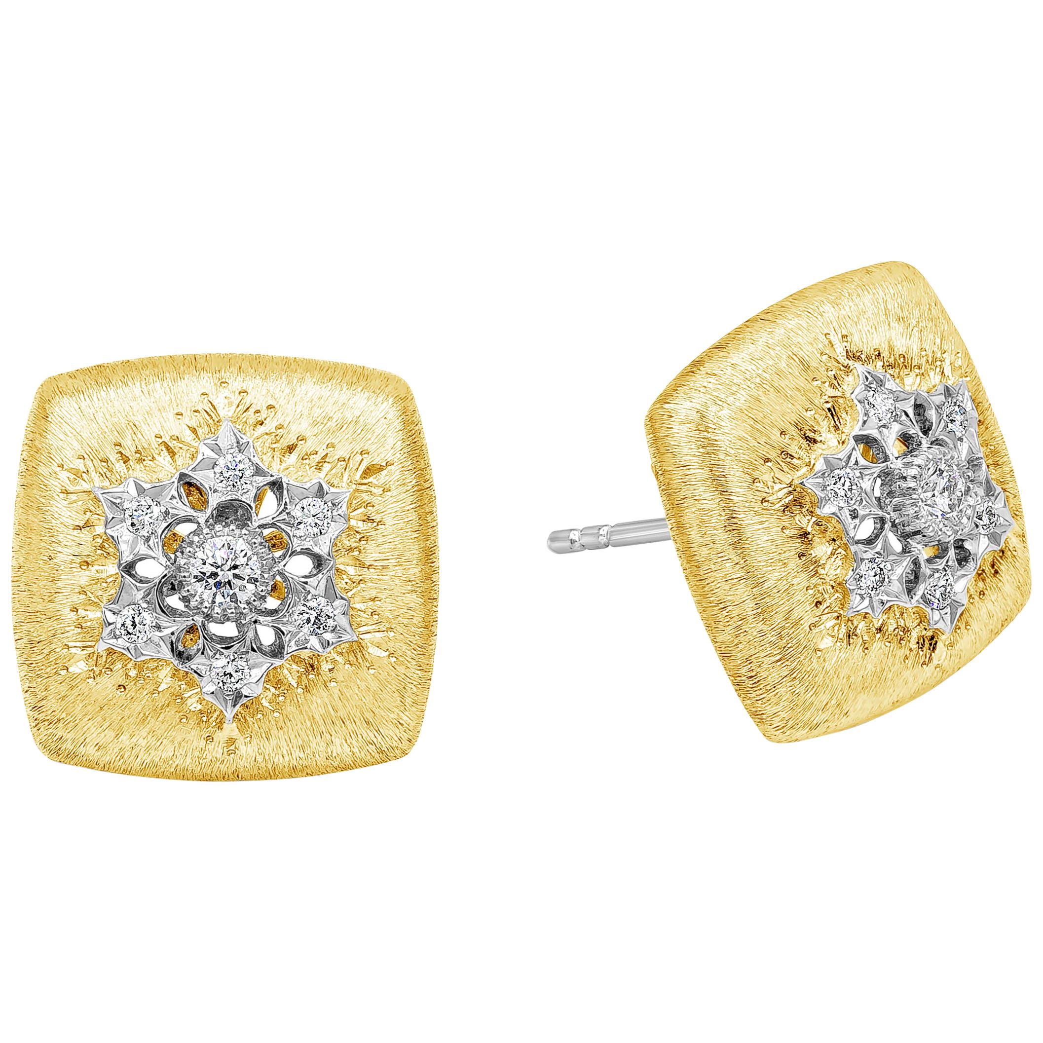 0.23 Carats Total Round Diamond Brushed Yellow Gold Cushion Button Stud Earrings