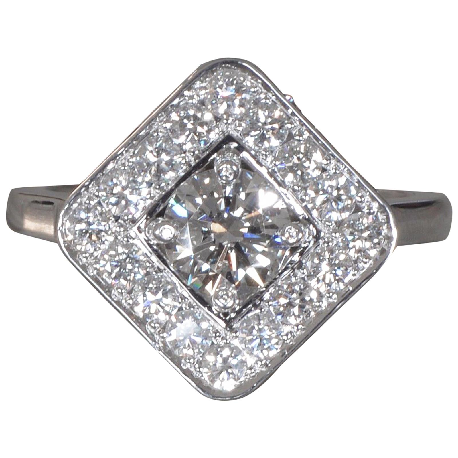 Round Diamond Center Engagement Ring with Square Halo, 1.45 Carat Total Weight For Sale