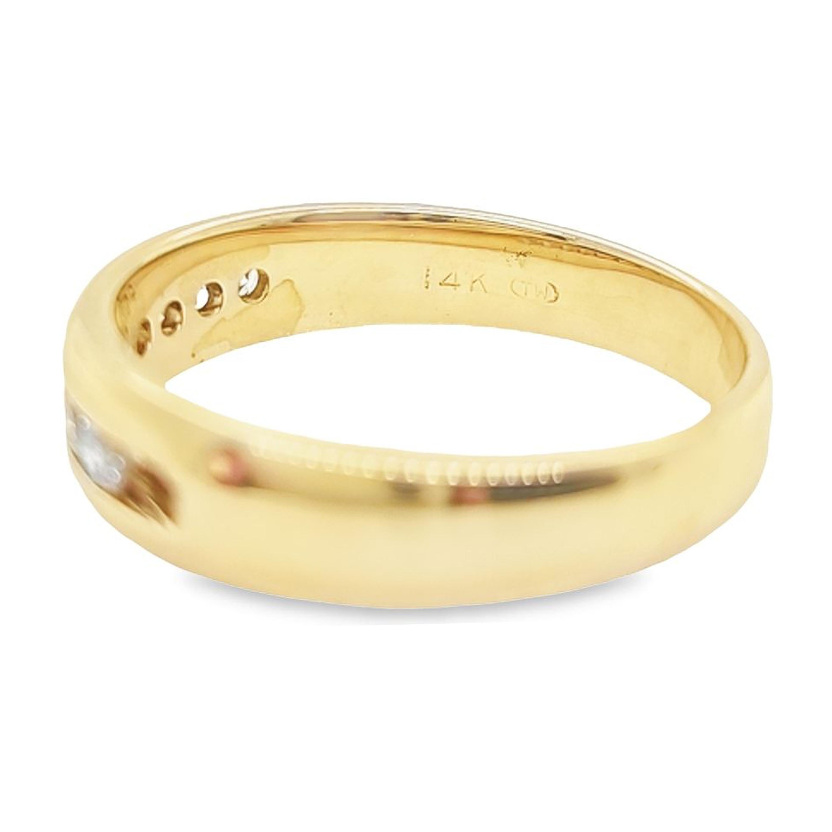 14 Karat Yellow Gold Channel Set Band Featuring 8 Round Brilliant Cut Diamonds Of SI1 Clarity & H Color Totaling 0.50 Carats. Finger Size 11. Purchase Includes One Sizing Service Upon Request, Prior to Shipping. Finished Weight Is 6.4 Grams.