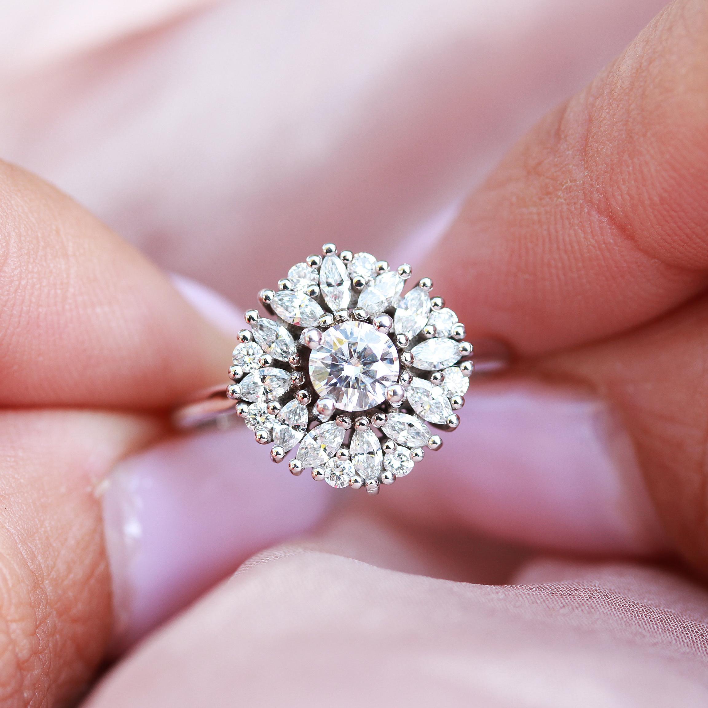 Round Cut Round Diamond Cluster Delicate Art Deco Unique Engagement Ring - 
