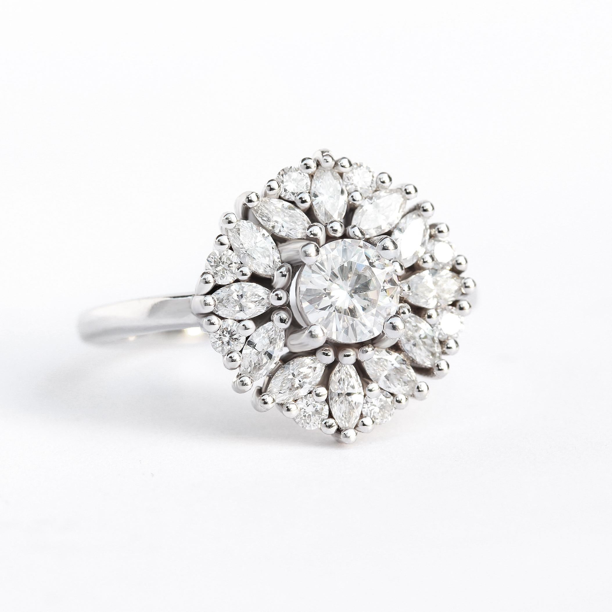 Round Diamond Cluster Delicate Art Deco Unique Engagement Ring - 