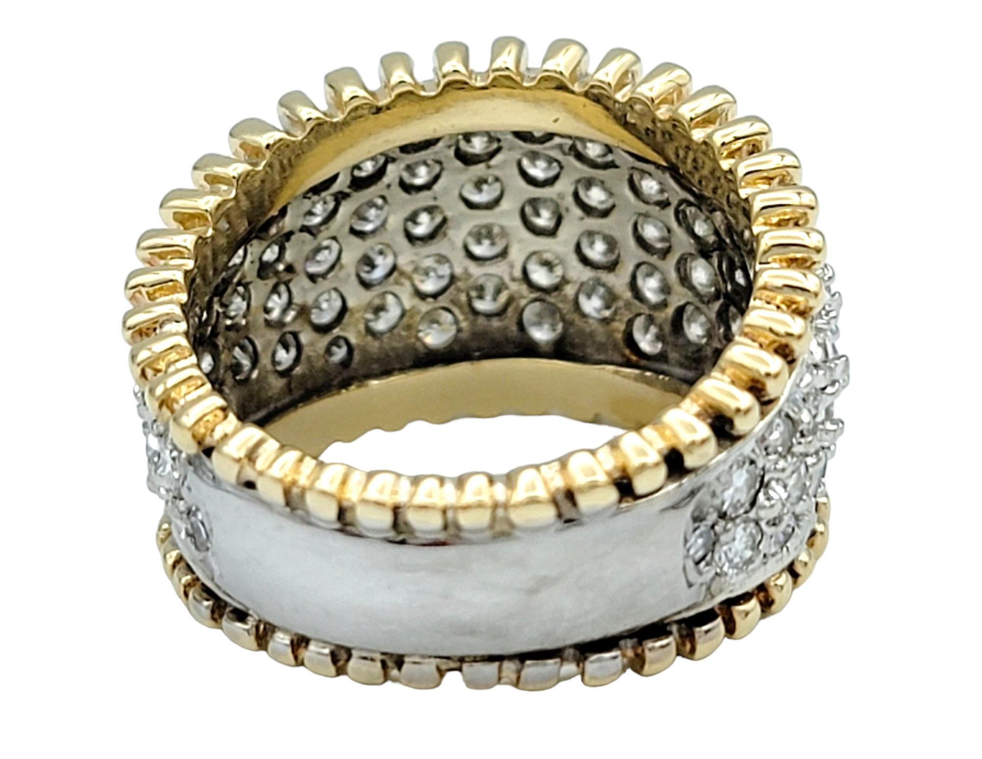 Women's Round Diamond Cluster Dome Band Ring Set in 14 Karat White and Yellow Gold For Sale