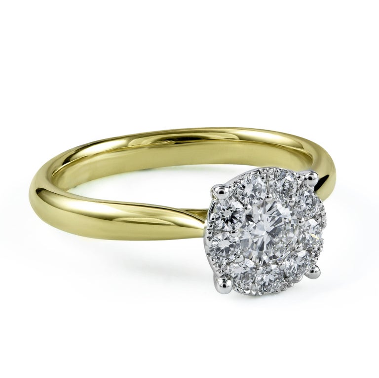 Round Diamond Cluster Engagement Ring in Yellow Gold For Sale at
