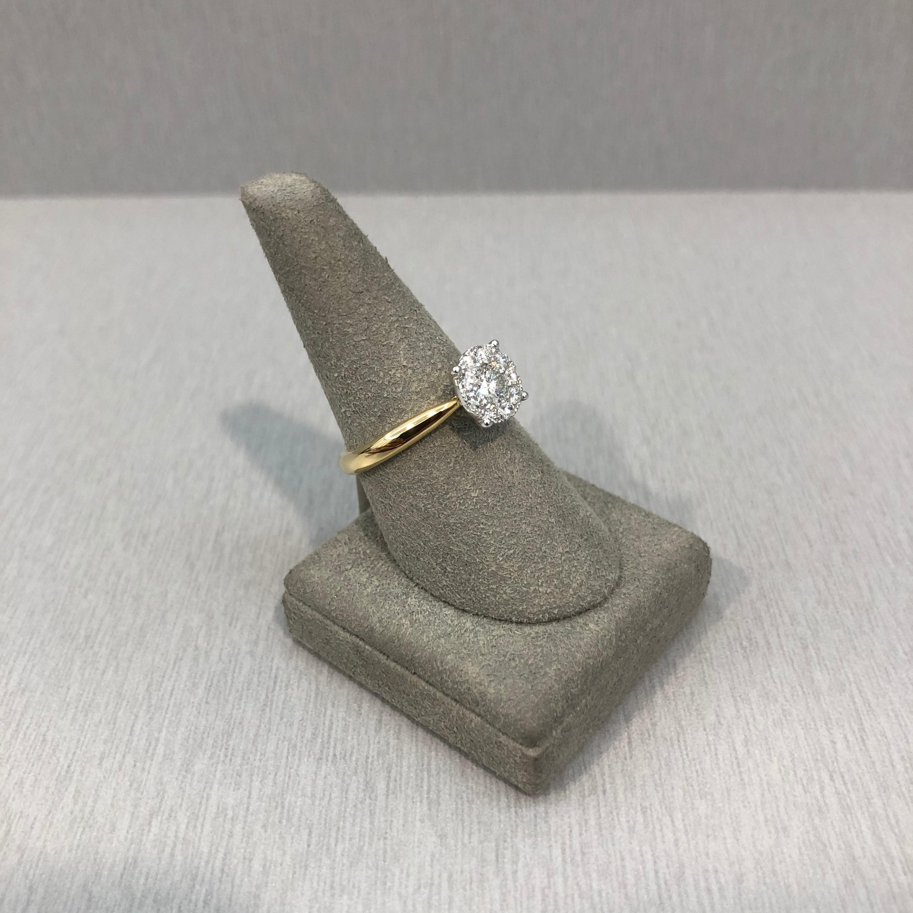 Modern Round Diamond Cluster Engagement Ring in Yellow Gold For Sale