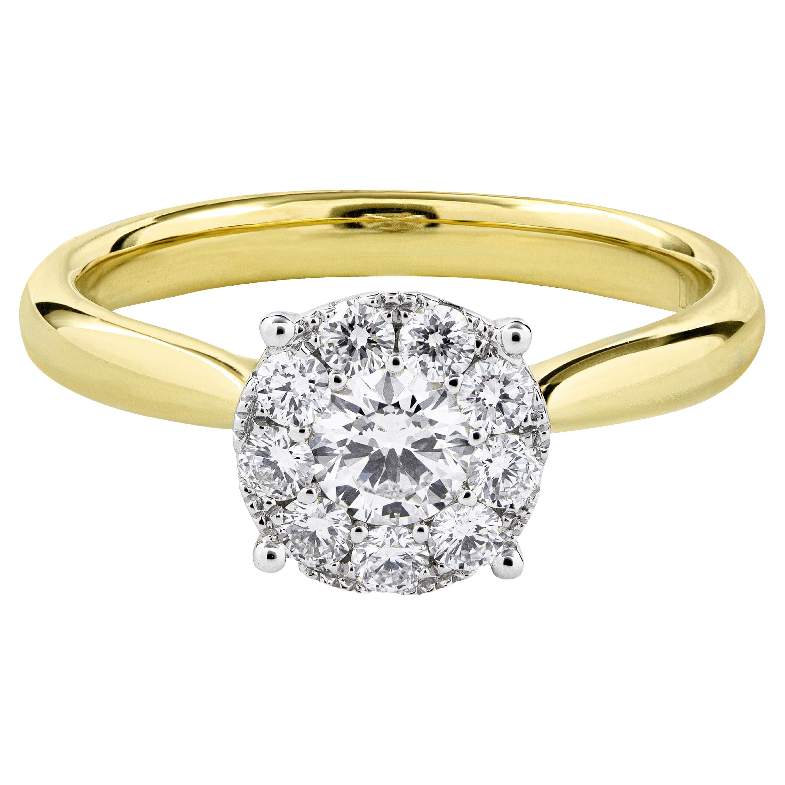 Round Diamond Cluster Engagement Ring in Yellow Gold For Sale