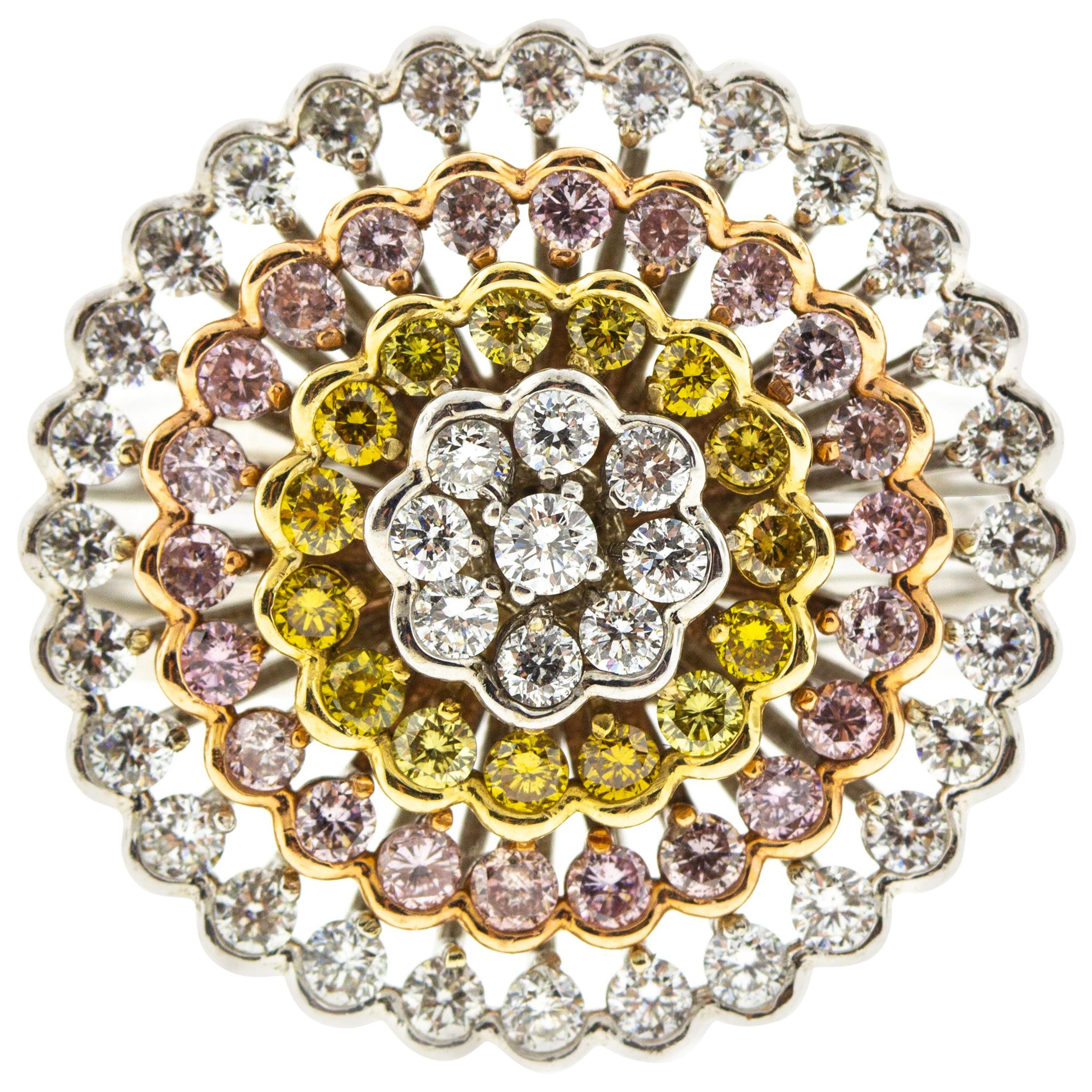 Round Diamond Cluster Floral Fashion Ring with Pink, Yellow and White Diamonds For Sale