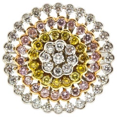 Round Diamond Cluster Floral Fashion Ring with Pink, Yellow and White Diamonds