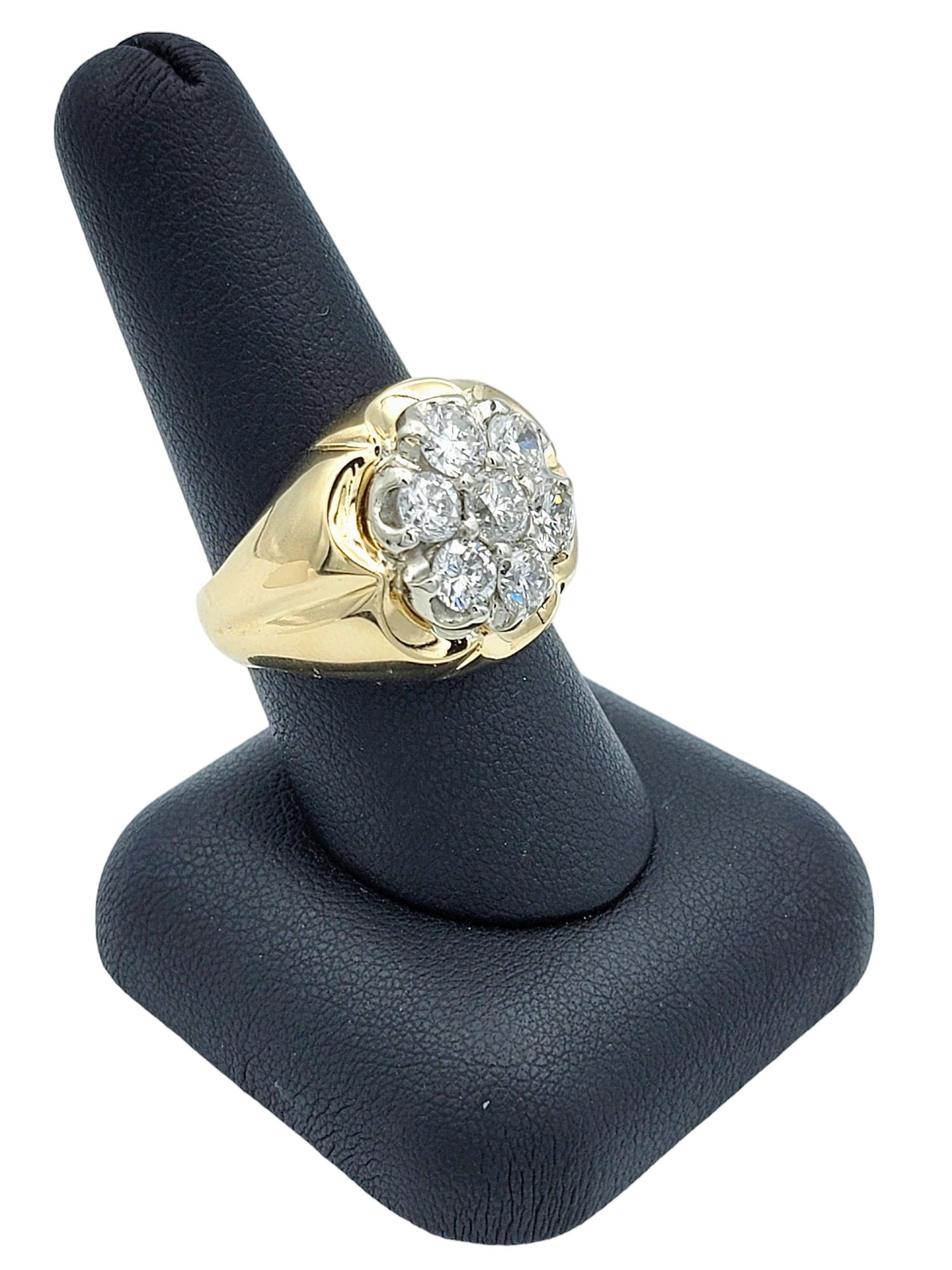 Round Diamond Cluster Flower Motif Men's Ring Set in 14 Karat Yellow Gold  For Sale 4