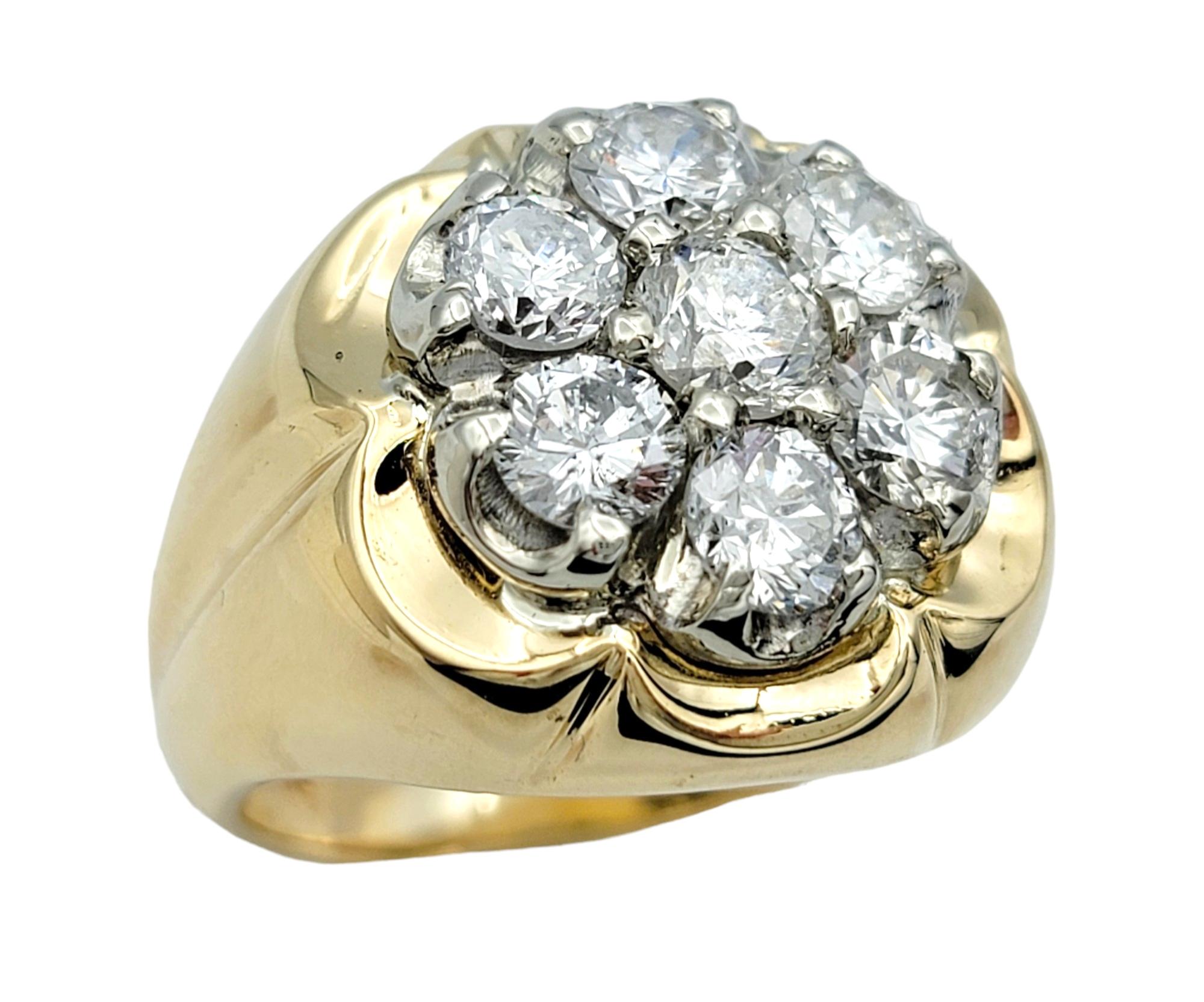 Ring Size: 9

This stunning diamond flower motif ring in 14 karat yellow gold is a stunning piece that captures the beauty of nature in its design. Crafted with exquisite attention to detail, this ring features an impressive flower motif made of