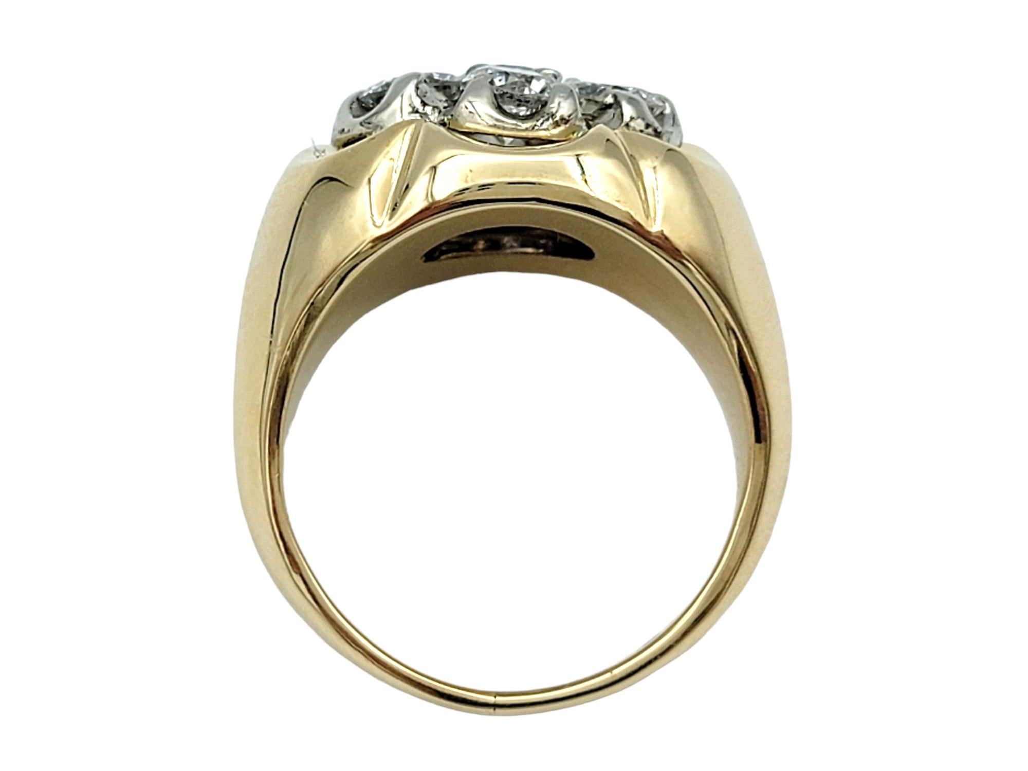 Round Cut Round Diamond Cluster Flower Motif Men's Ring Set in 14 Karat Yellow Gold  For Sale