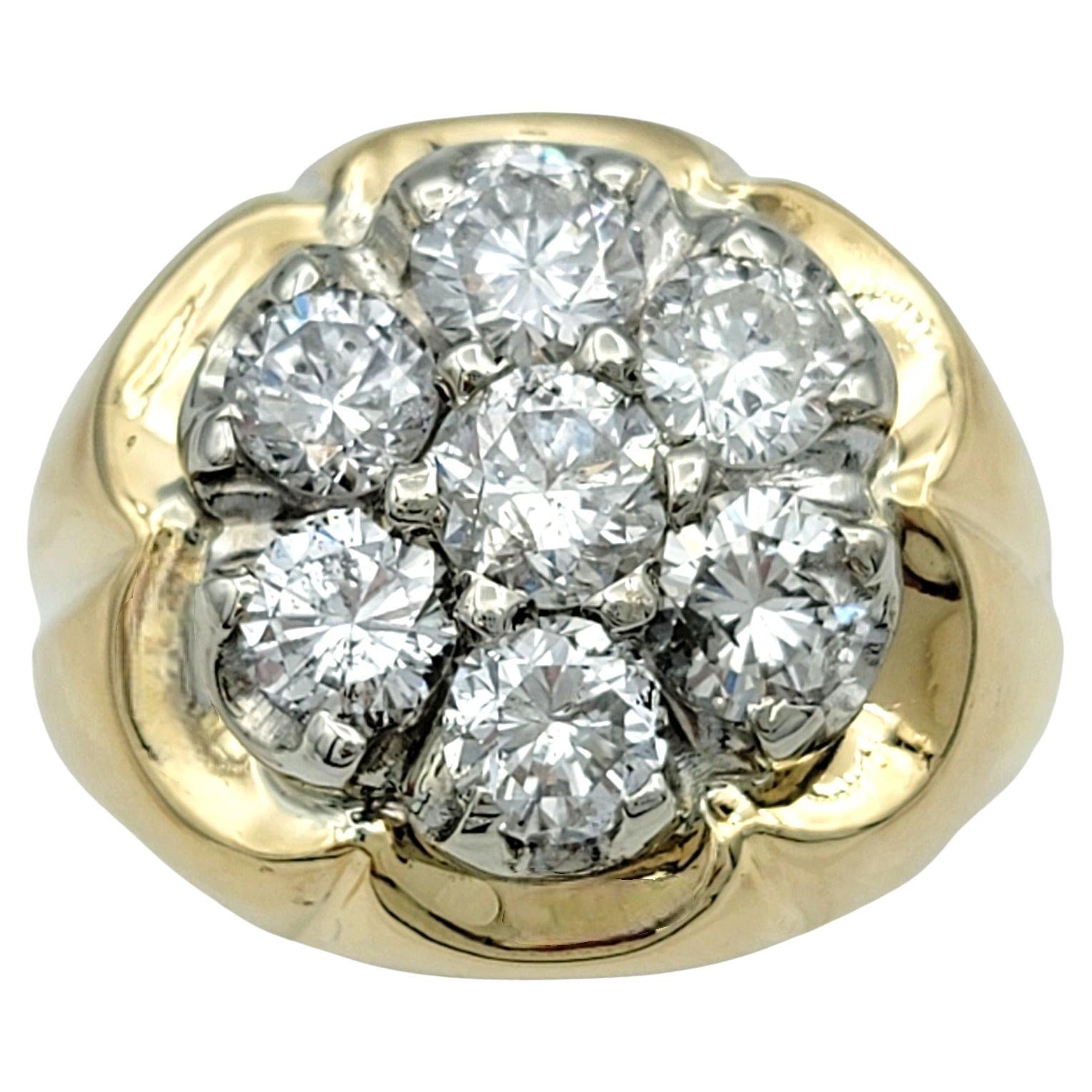 Round Diamond Cluster Flower Motif Men's Ring Set in 14 Karat Yellow Gold  For Sale