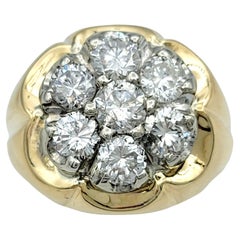 Round Diamond Cluster Flower Motif Men's Ring Set in 14 Karat Yellow Gold