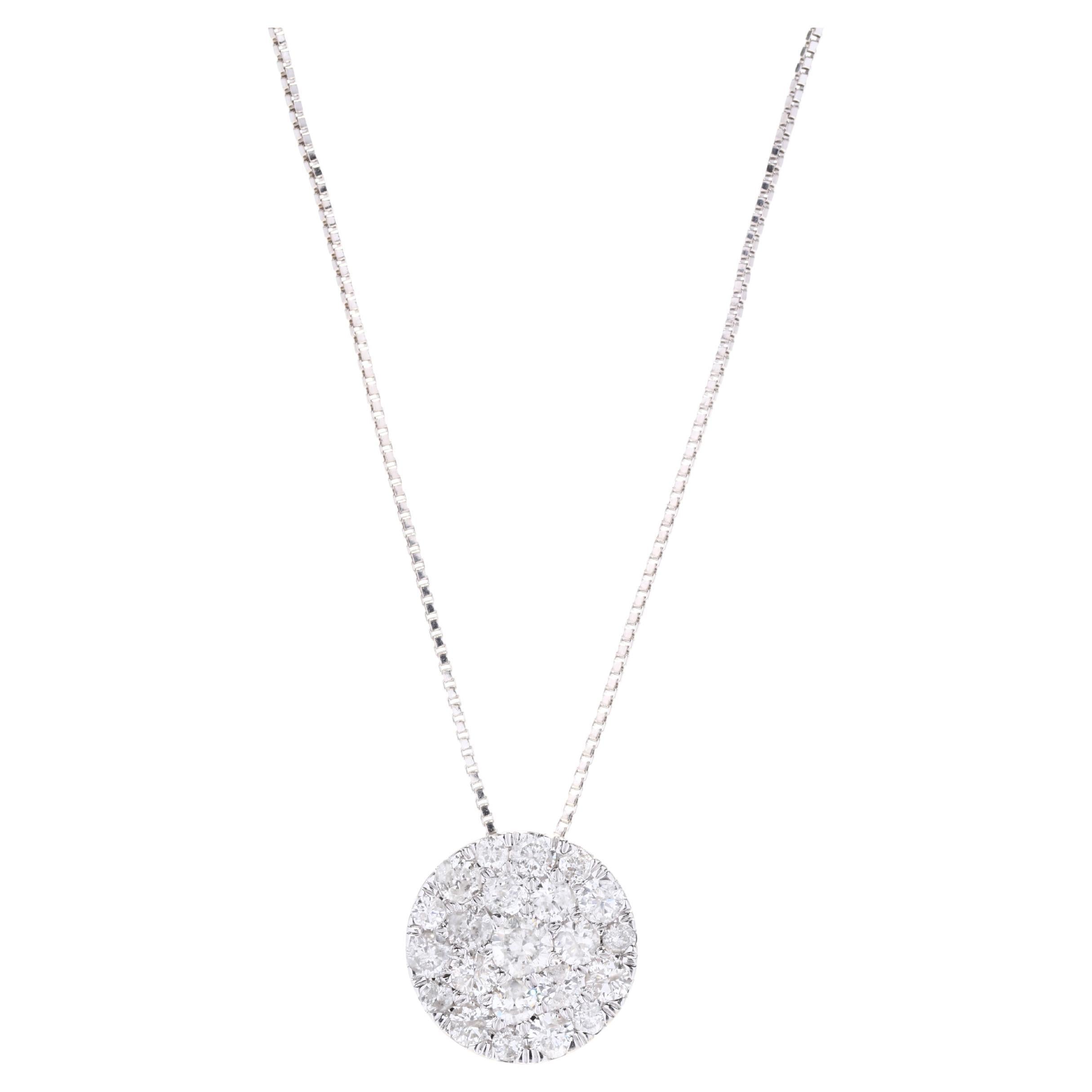 Round Diamond Cluster Pendant Necklace, 10K White Gold, Length 20 Inches For Sale