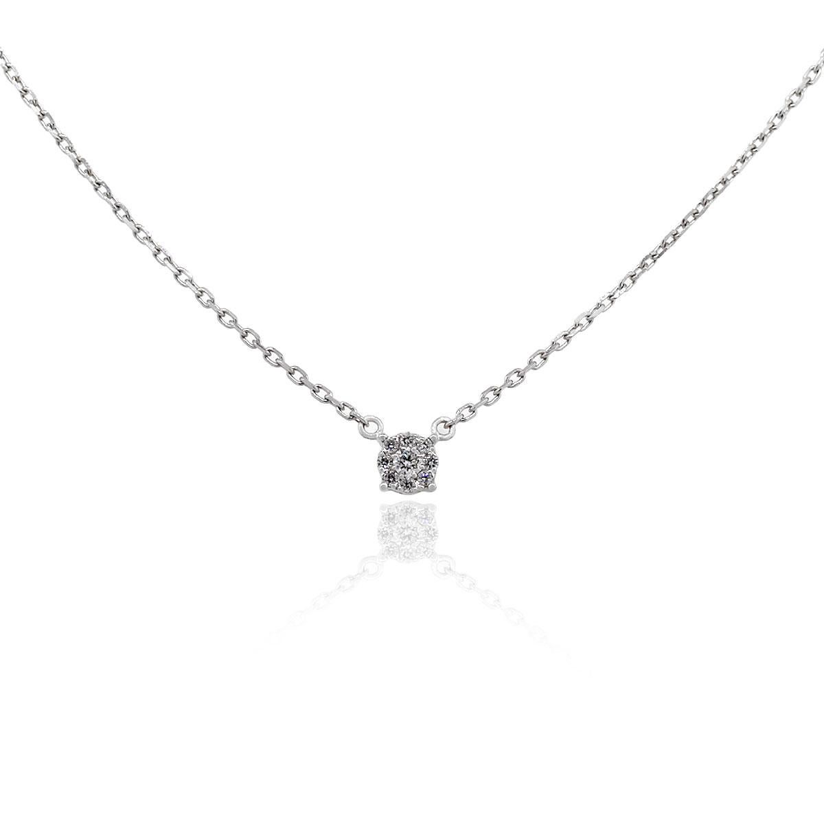 Material: 18k White Gold
Diamond Details: Approx. 0.13ctw of round cut diamonds. Diamonds are G/H in color and SI in clarity.
Measurements: Necklace measures 16″ in length.
Pendant Measurements: 0.19″ x 0.12″ x 0.19″
Fastening: Lobster Clasp
Item