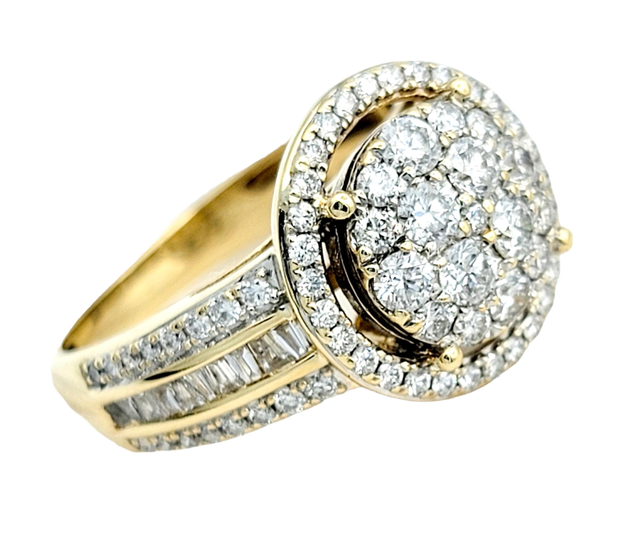 Ring size: 6

Introducing a dazzling diamond ring that sparkles with timeless allure. At its heart, a magnificent round diamond cluster takes center stage, drawing all eyes with its brilliant radiance. This cluster is like a constellation of stars,