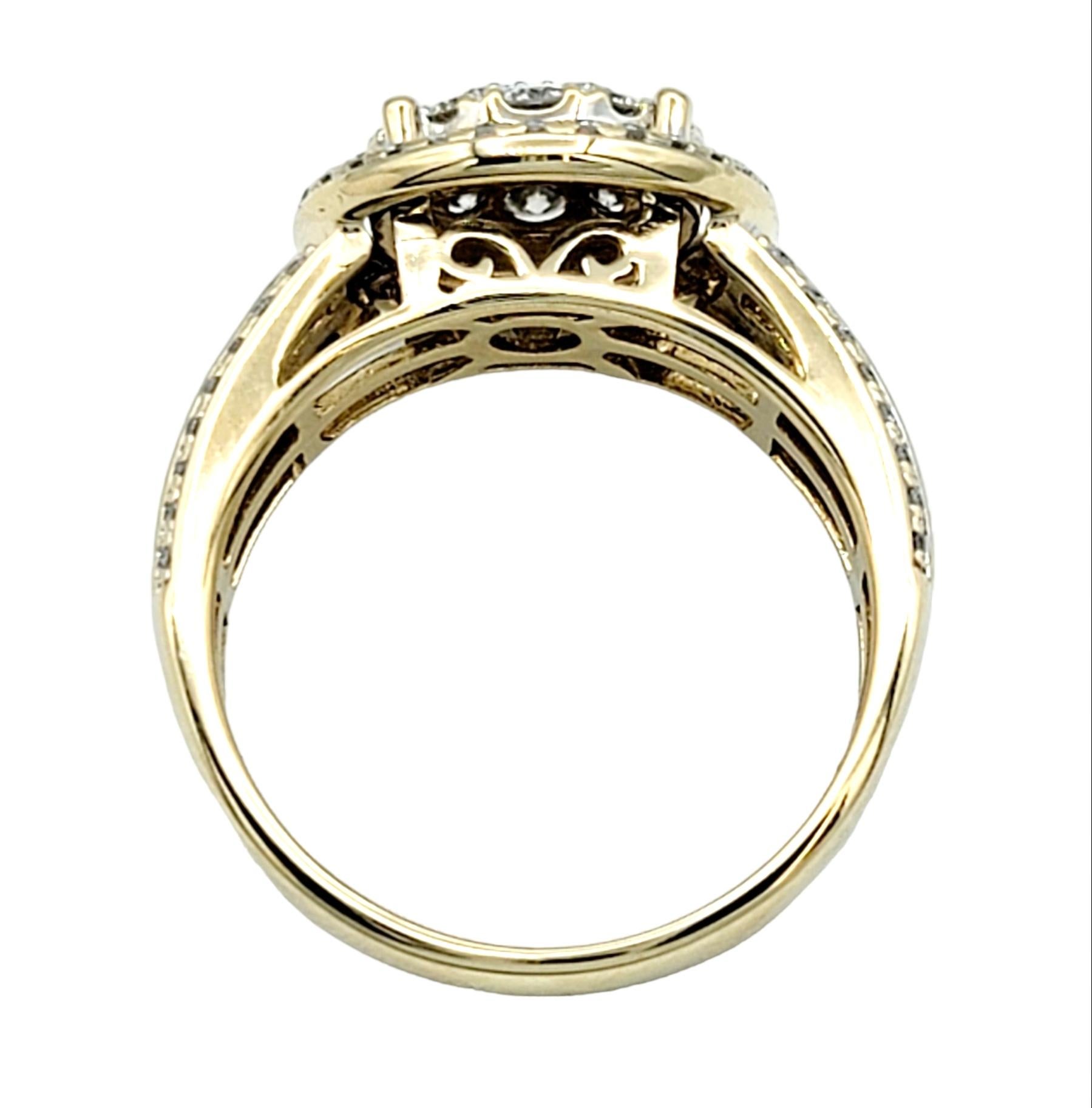Contemporary Round Diamond Cluster Ring with Halo and Tapered Baguette Sides in 14K Gold  For Sale
