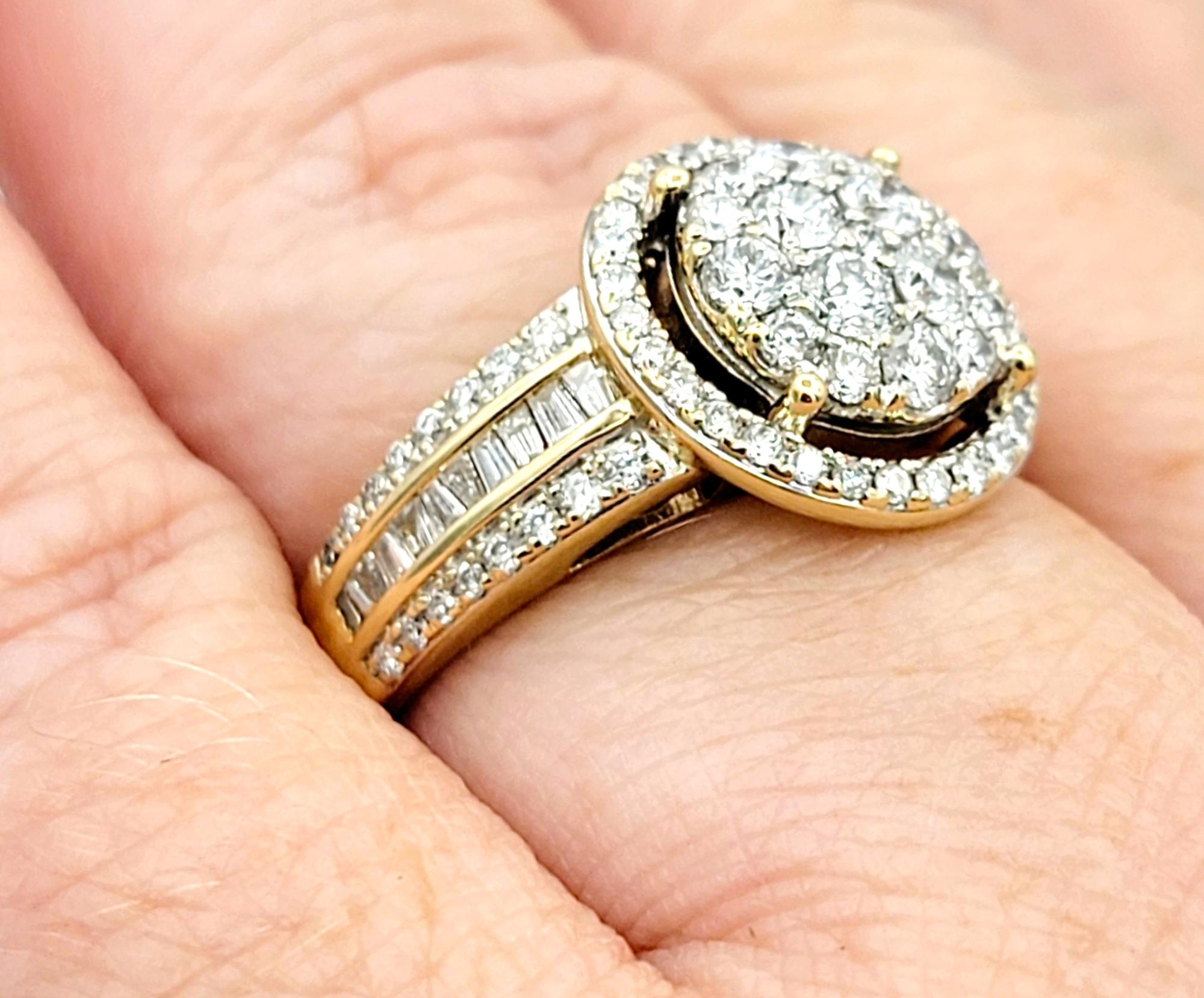 Round Diamond Cluster Ring with Halo and Tapered Baguette Sides in 14K Gold  In Good Condition For Sale In Scottsdale, AZ