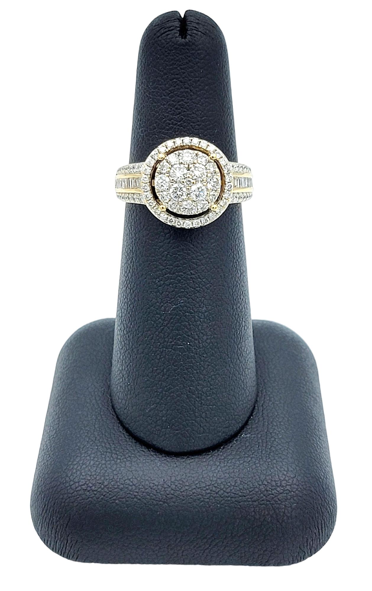 Women's Round Diamond Cluster Ring with Halo and Tapered Baguette Sides in 14K Gold  For Sale