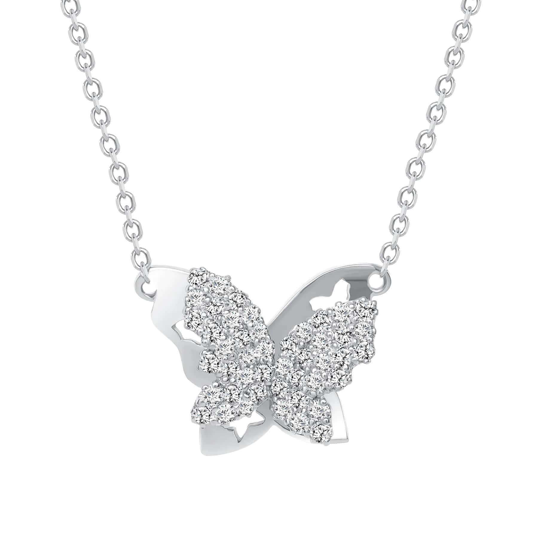Collana con ciondolo in oro 14K con farfalla di diamanti taglio rotondo, ornata da piccoli diamanti naturali taglio rotondo con incastonatura a pavé. Un regalo premuroso per Anniversari, Compleanni, Lauree, San Valentino e Feste per una persona che