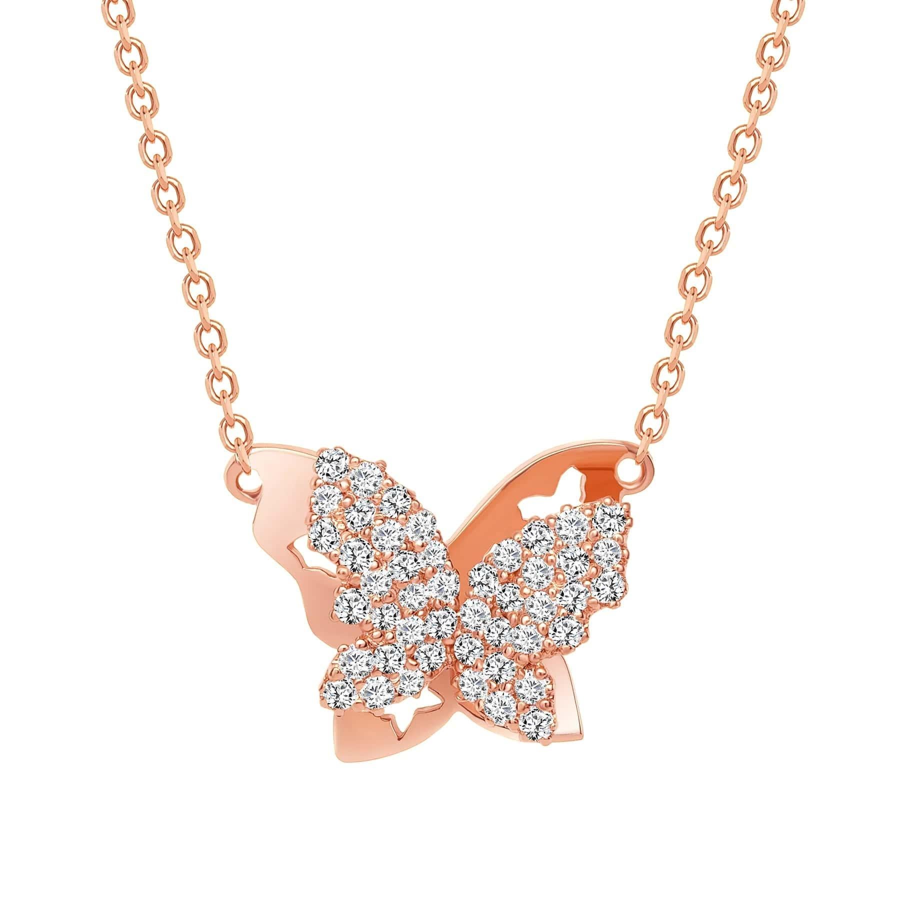 Taglio rotondo Collana con ciondolo in oro 14K con diamante taglio rotondo Butterfly in vendita