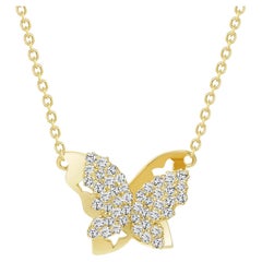 Round Cut Diamond Butterfly 14K Gold Pendant Necklace