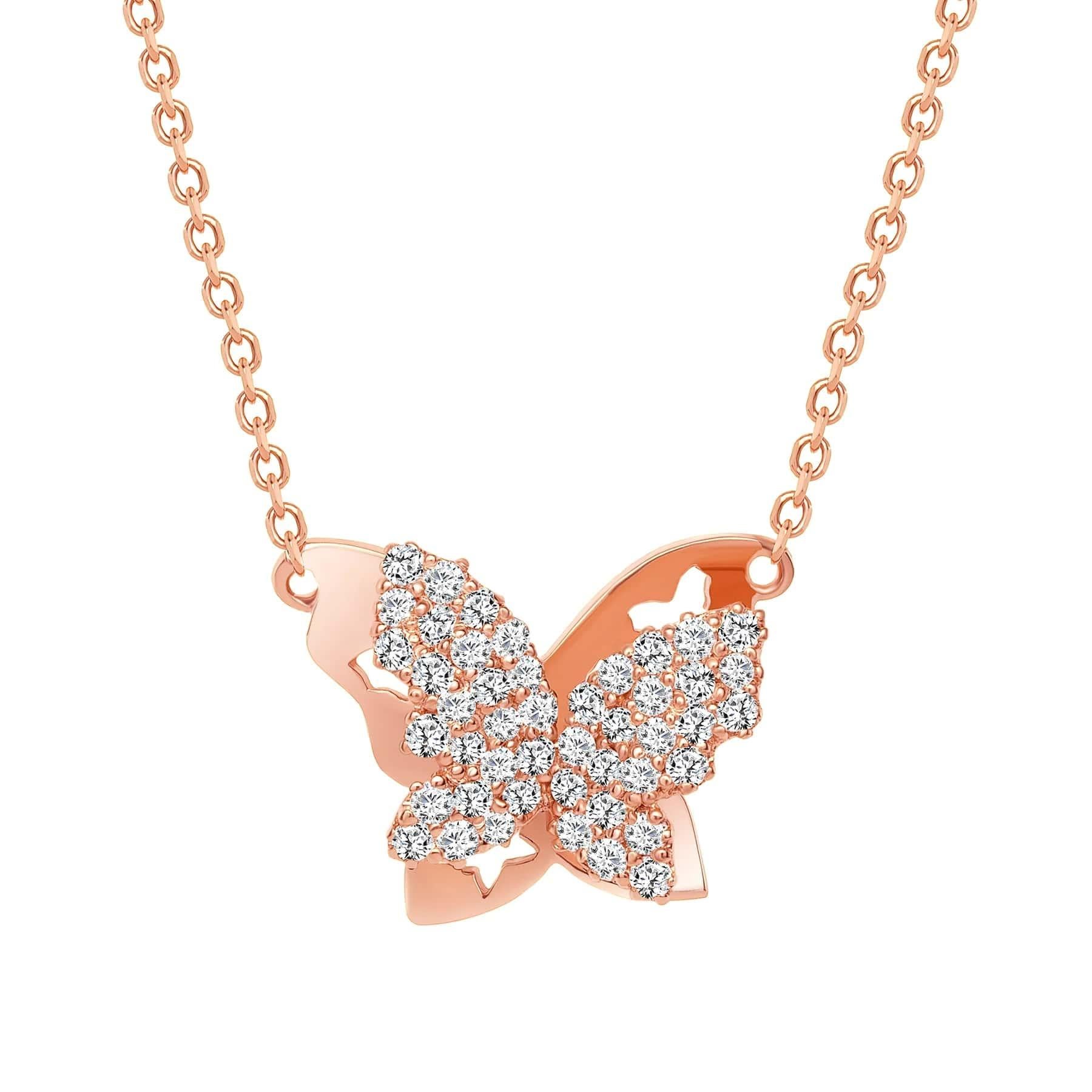 Round Diamond Dazzling Butterfly Pendant Necklace In New Condition For Sale In Los Angeles, CA