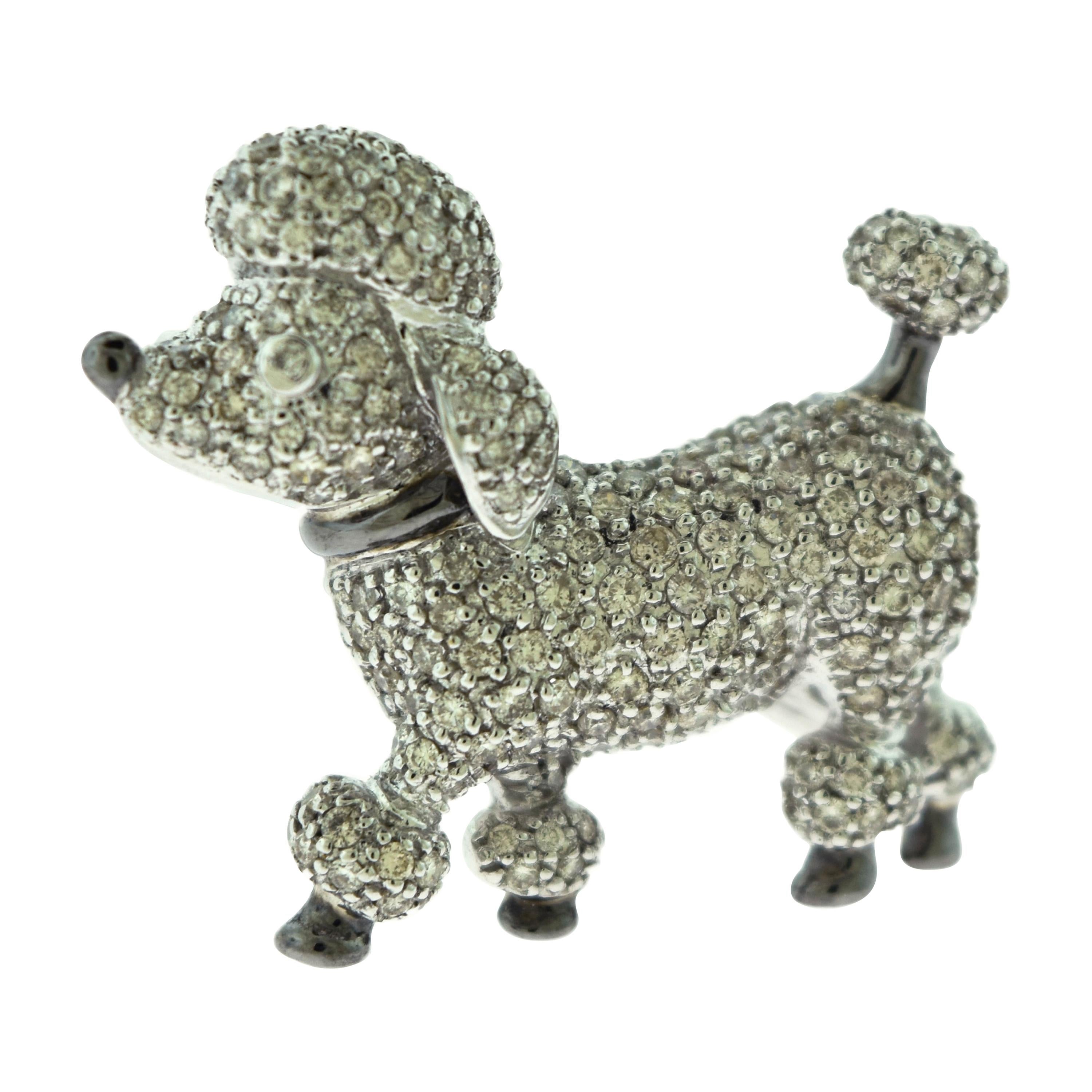 Round Diamond Dog Poodle Brooch, Pin, and Pendant in 18 Karat White Gold