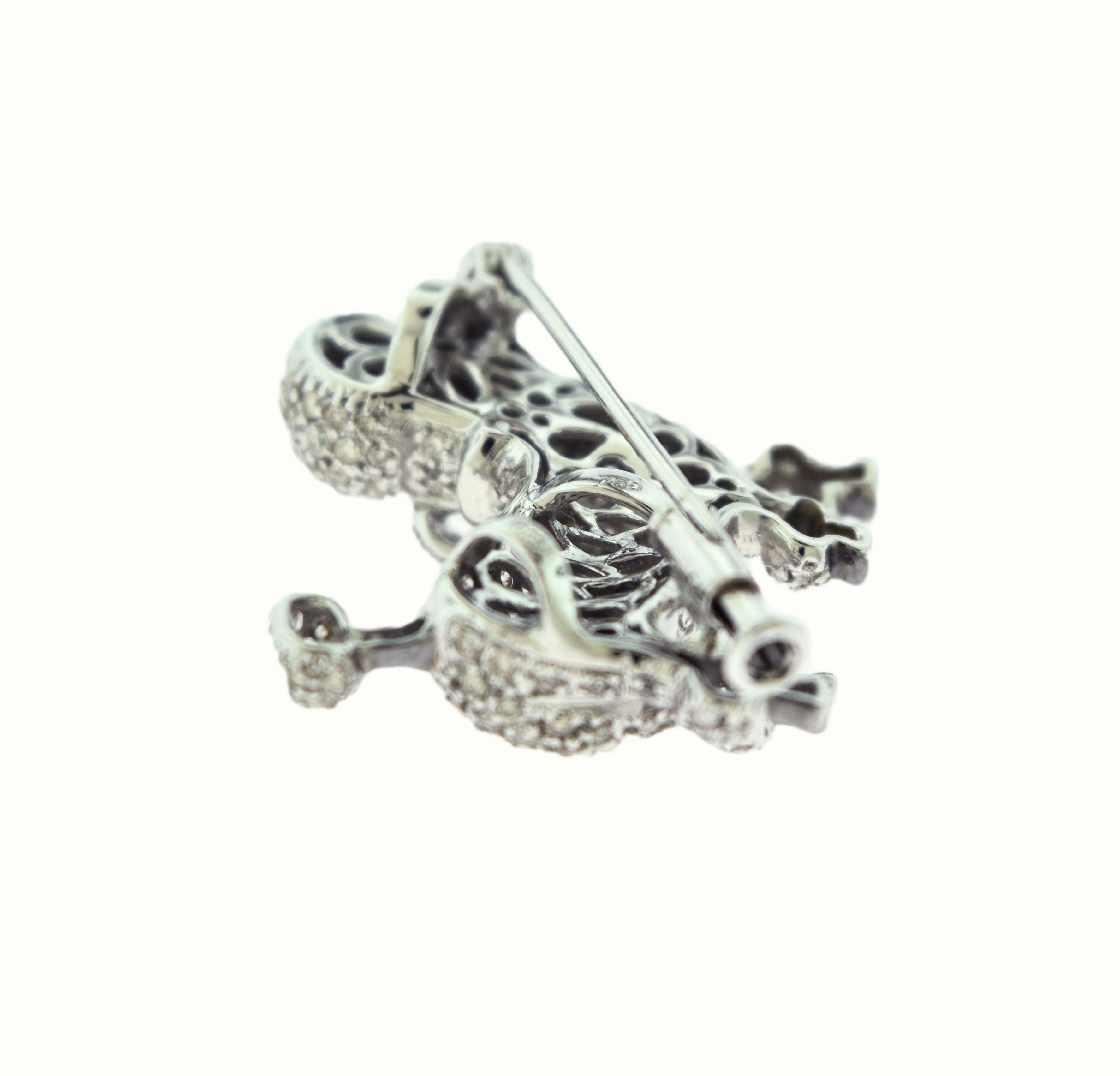 Women's or Men's Round Diamond Dog Poodle Brooch, Pin, and Pendant in 18 Karat White Gold